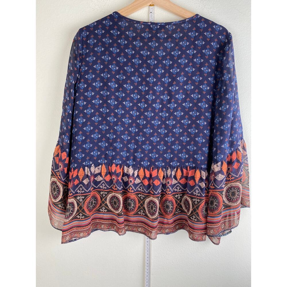 Joie Silk Blouse Navy Multi Print Sheer Sleeve Relaxed Top Small - Picture 9 of 12